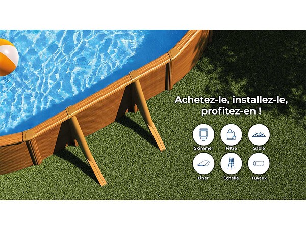 GRE - Kit piscine acier aspect bois Gré Mauritius ovale 7,44 x 3,99 x 1,32 m + Bâche à bulles - large