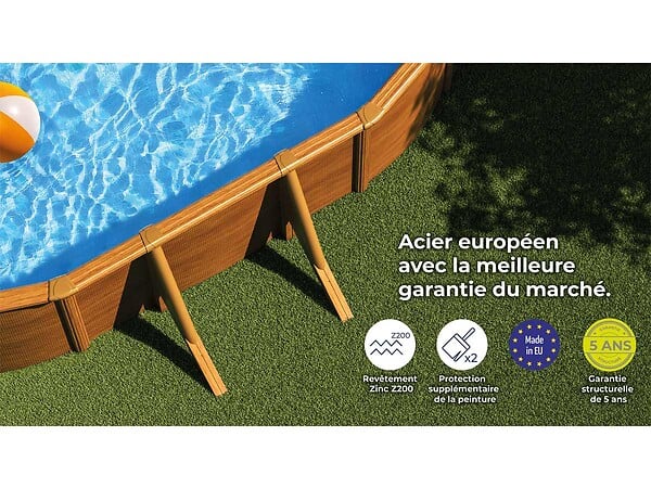 GRE - Kit piscine acier aspect bois Gré Mauritius ovale 7,44 x 3,99 x 1,32 m + Bâche à bulles - large
