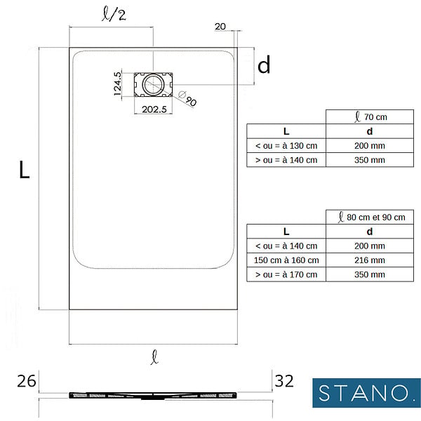 STANO - Receveur de douche 80 x 100 cm extra plat blanc PIATTO en SoliCast® surface ardoisée - large