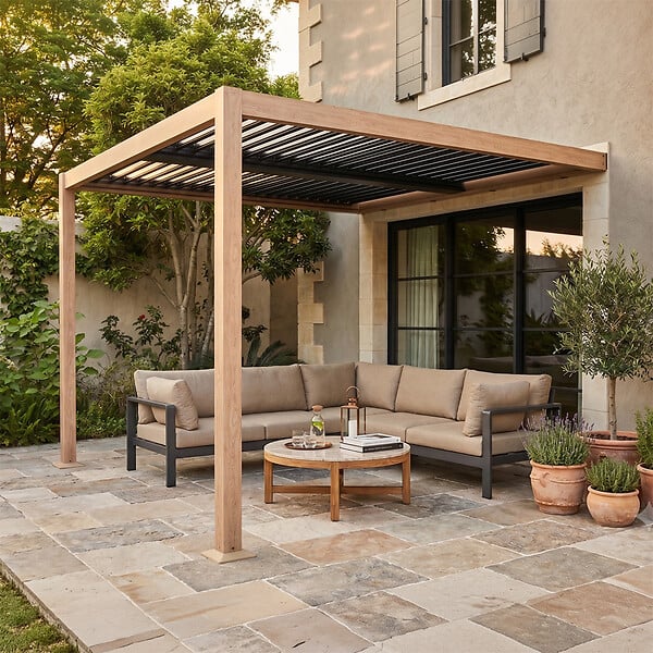 CONCEPT USINE - Pergola bioclimatique 3x3m adossée effet bois SIFNOS - large