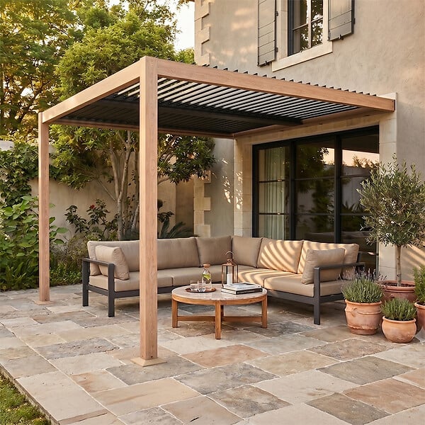 CONCEPT USINE - Pergola bioclimatique 3x3m adossée effet bois SIFNOS - large