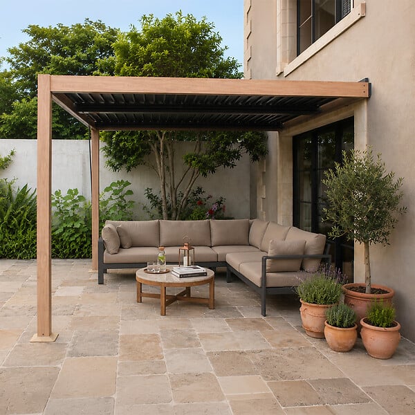 CONCEPT USINE - Pergola bioclimatique 3x3m adossée effet bois SIFNOS - large