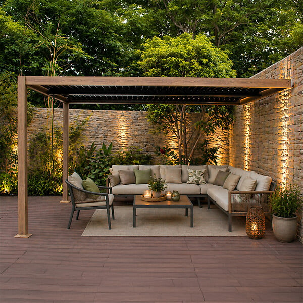 CONCEPT USINE - Pergola bioclimatique 4x3m adossée effet bois SIFNOS - large