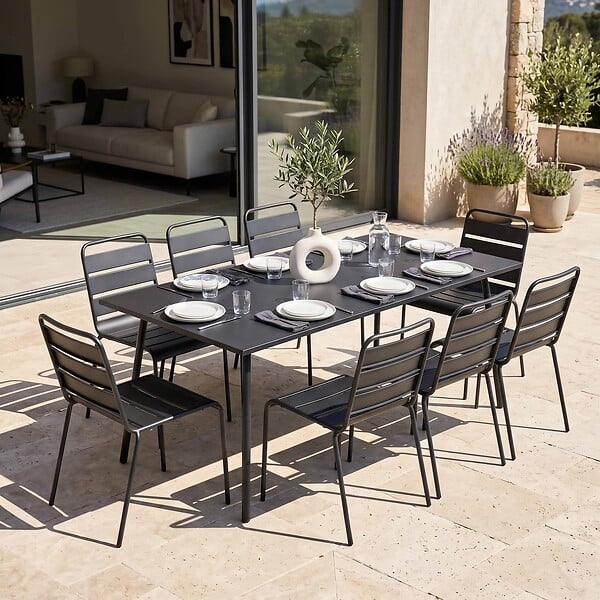 OVIALA - Ensemble table de jardin et 8 chaises en métal gris - Palavas - large