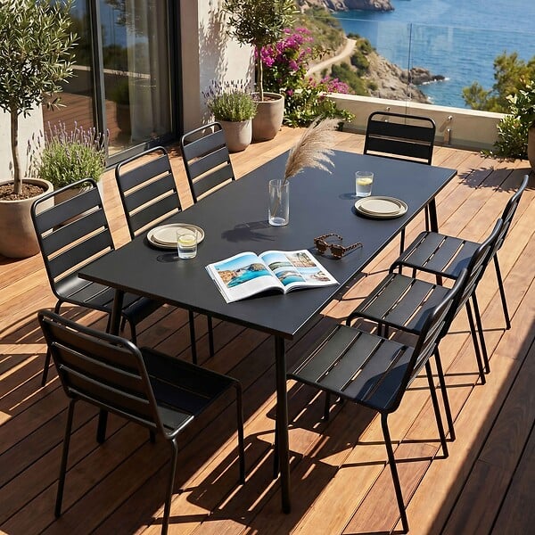 OVIALA - Ensemble table de jardin et 8 chaises en métal noir - Palavas - large