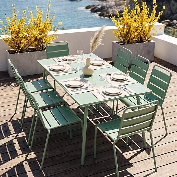 OVIALA - Ensemble table de jardin et 8 chaises en métal vert sauge - Palavas - large