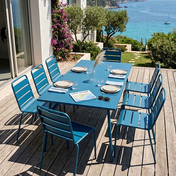 OVIALA - Ensemble table de jardin et 8 chaises en métal bleu pacific  - Palavas - large