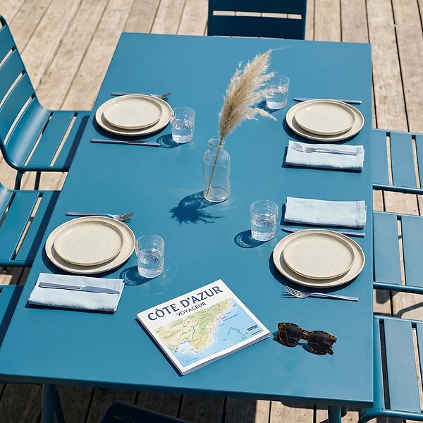 OVIALA - Ensemble table de jardin et 8 chaises en métal bleu pacific  - Palavas - large