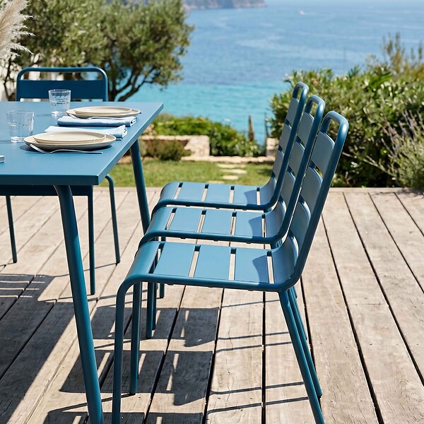 OVIALA - Ensemble table de jardin et 8 chaises en métal bleu pacific  - Palavas - large