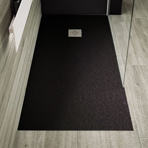 STANO - Receveur de douche 100 x 200 cm extra plat PURE en résine surface ardoisée noir Grille inox - large