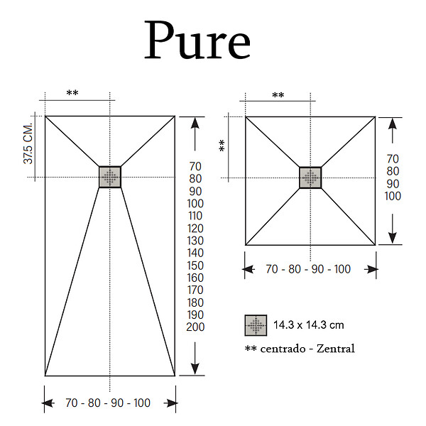STANO - Receveur de douche 70 x 100 cm extra plat PURE en résine surface ardoisée blanc Grille blanche - large
