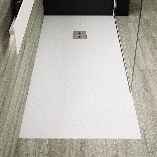 STANO - Receveur de douche 80 x 130 cm extra plat PURE en résine surface ardoisée blanc Grille inox - large