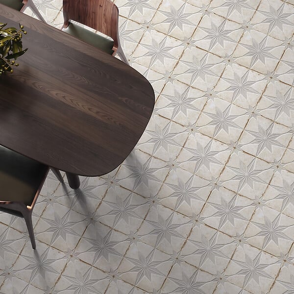 RO'MA NATURE - Carrelage Vintage effet Carreau ciment 3D Etoile Blanche et Fond Blanc 22,3x22,3x0,9 cm Sparta - Sol et mur intérieur (vendu par carton de 0,65 m²) - large