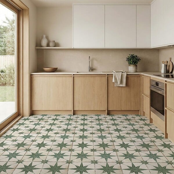 RO'MA NATURE - Carrelage Vintage effet Carreau ciment 3D Etoile Verte et Fond Blanc 45x45x0,95 cm Sparta - Sol et mur intérieur (vendu par carton de 1 m²) - large