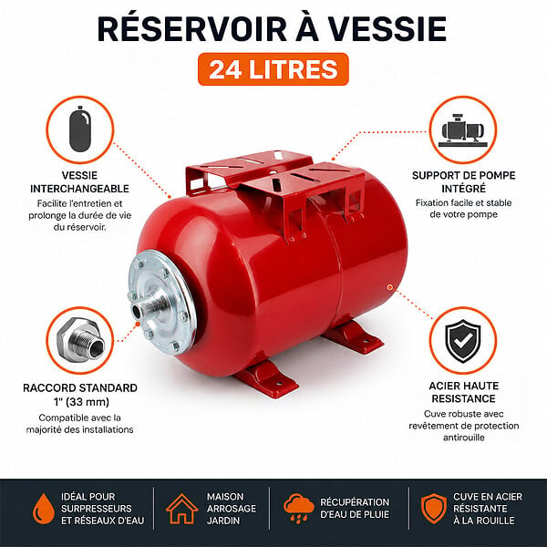 GT MARKET - Réservoir pression à vessie horizontal - 24 litres - large