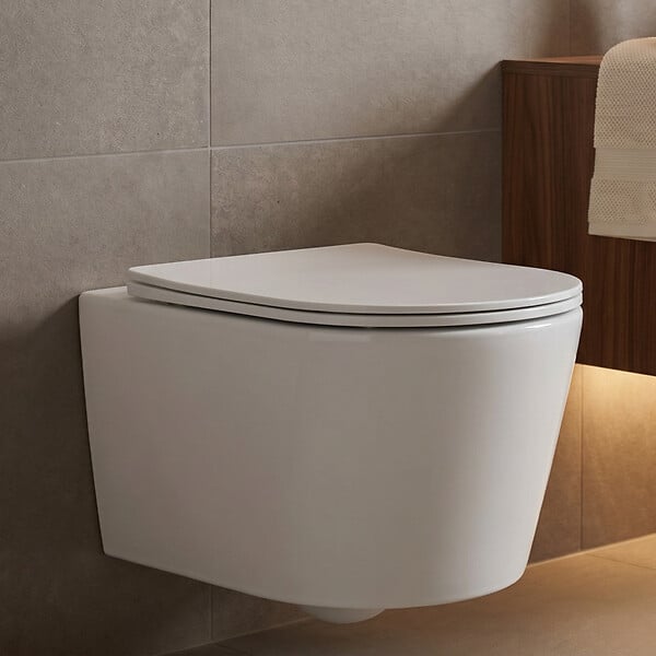 CERAMIA - Vortex rimless WC suspendu 53,5 cm sans bride avec abattant SoftClose, effet Vortex, blanc brillant (CE142010RTORP) - large