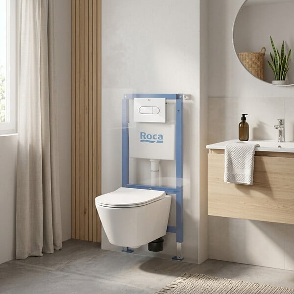 ROCA - Pack WC bâti-support + WC suspendu sans bride Swiss Aqua Technologies avec abattant SoftClose + plaque (ROSTINWR01-FR) - large