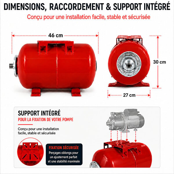 GT MARKET - Réservoir pression à vessie horizontal - 24 litres - large