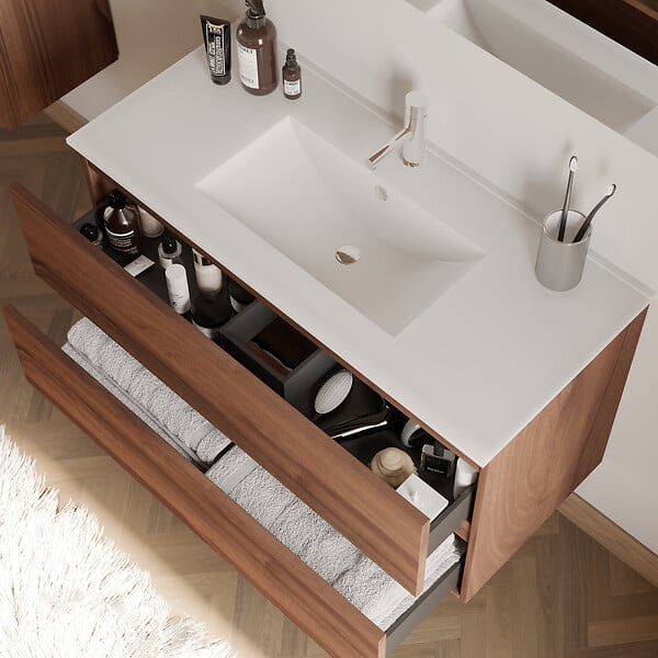 COSYNEO - Meuble de salle de bain 100cm simple vasque - 2 tiroirs - sans miroir - noyer (bois foncé) - IDA - large