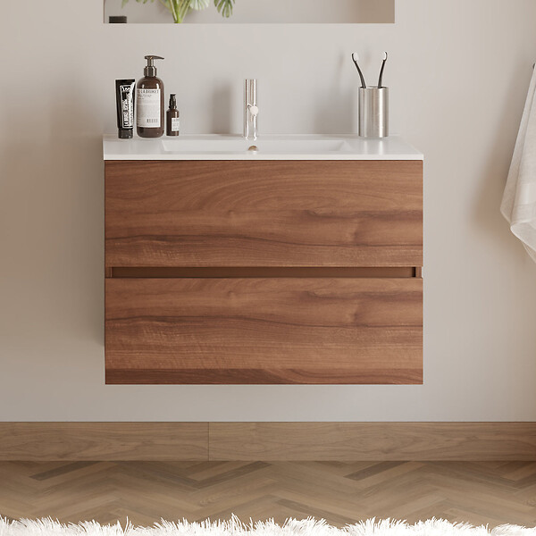 COSYNEO - Meuble de salle de bain 60cm simple vasque - 2 tiroirs - noyer (bois foncé) - IDA - large