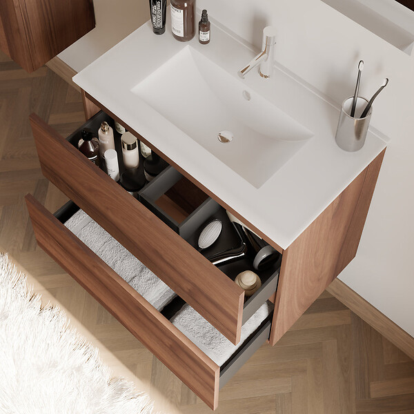 COSYNEO - Meuble de salle de bain 60cm simple vasque - 2 tiroirs - noyer (bois foncé) - IDA - large