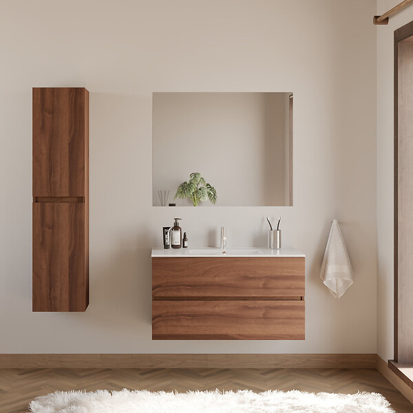 COSYNEO - Meuble de salle de bain 90cm simple vasque - 2 tiroirs - noyer (bois foncé) - IDA - large