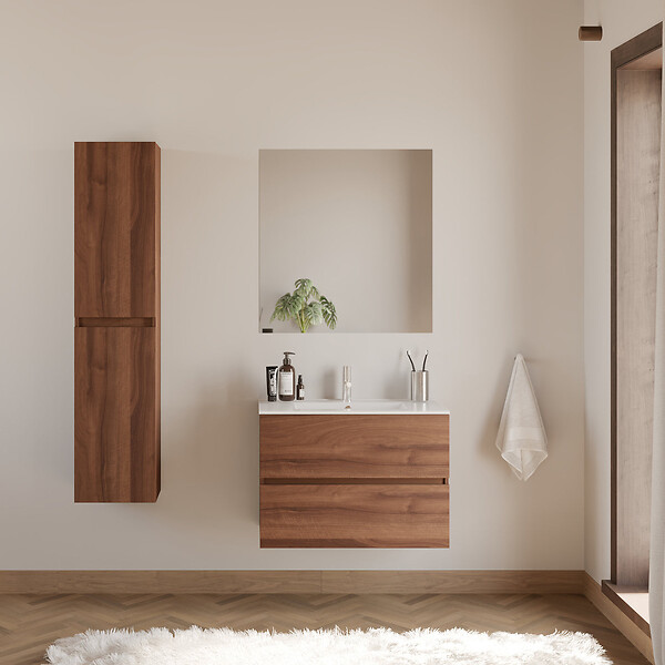 COSYNEO - Meuble de salle de bain 60cm simple vasque - 2 tiroirs - sans miroir - noyer (bois foncé) - IDA - large