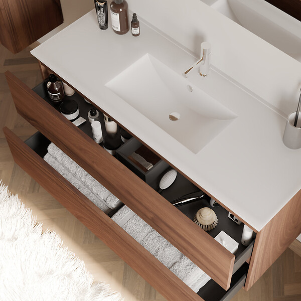 COSYNEO - Meuble de salle de bain 120cm simple vasque - 2 tiroirs - sans miroir - noyer (bois foncé) - IDA - large