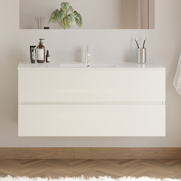 COSYNEO - Meuble de salle de bain 120cm simple vasque - 2 tiroirs - blanc brillant - IDA - large