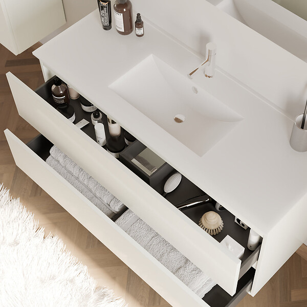 COSYNEO - Meuble de salle de bain 120cm simple vasque - 2 tiroirs - blanc brillant - IDA - large