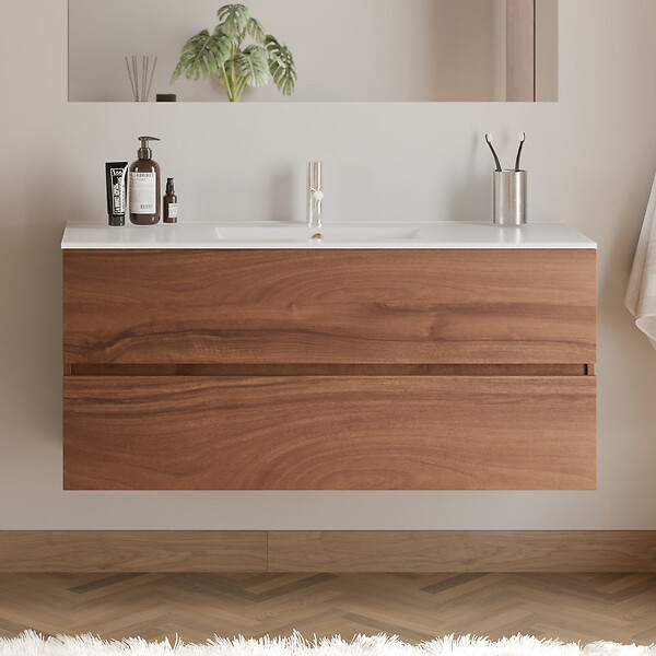 COSYNEO - Meuble de salle de bain 120cm simple vasque - 2 tiroirs - noyer (bois foncé) - IDA - large