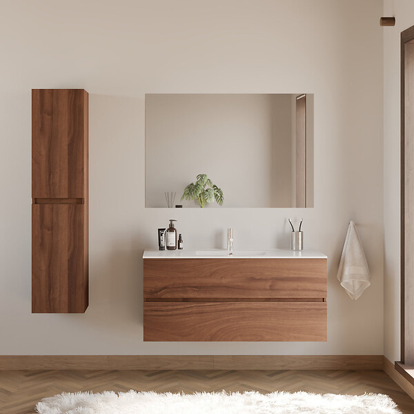 COSYNEO - Meuble de salle de bain 120cm simple vasque - 2 tiroirs - noyer (bois foncé) - IDA - large