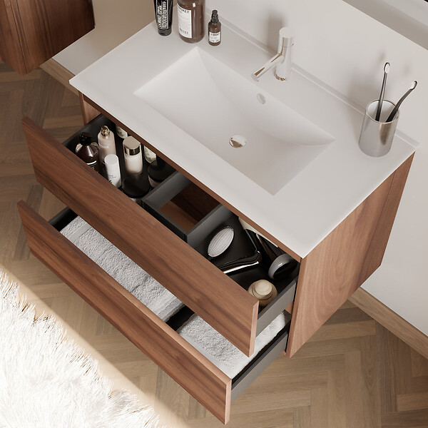 COSYNEO - Meuble de salle de bain 70cm simple vasque - 2 tiroirs - noyer (bois foncé) - IDA - large