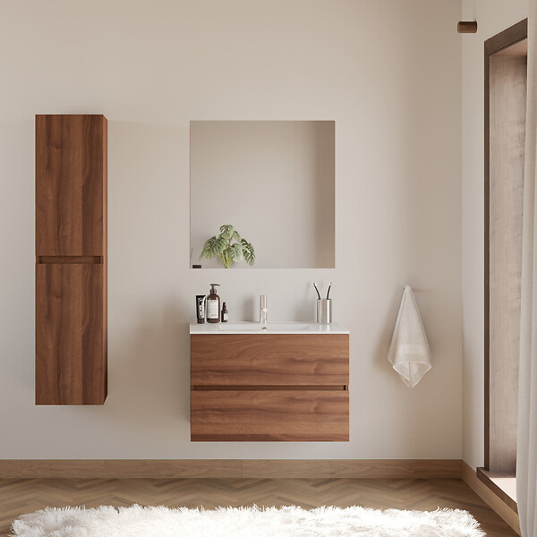 COSYNEO - Meuble de salle de bain 70cm simple vasque - 2 tiroirs - noyer (bois foncé) - IDA - large