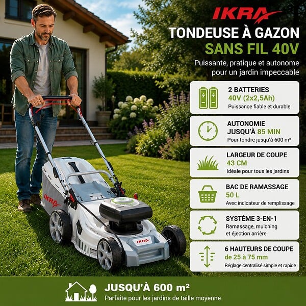 IKRA - Tondeuse à gazon 600m2- 2 Batteries Lithium 40V - 2,5Ah + Chargeur, Hauteur 25 à 75cm Mulching Bac 50L 600 m² IKRA - large