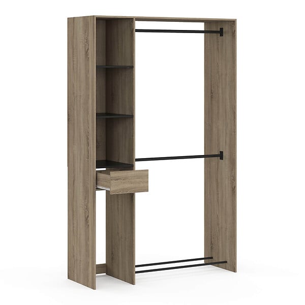 ID MARKET - Dressing double penderie L. 110 cm MIRTY avec étagères + tiroir + rangements à chaussures hêtre et noir - large