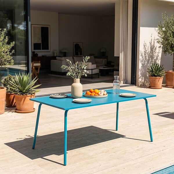OVIALA - Table de jardin rectangulaire en métal 8 places 180 cm bleu - Palavas - large