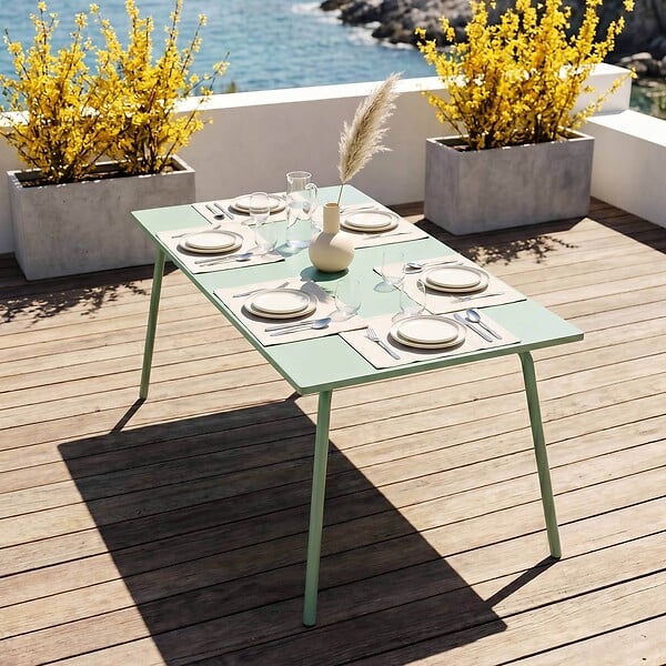 OVIALA - Table de jardin rectangulaire en métal 8 places 180 cm vert sauge - Palavas - large