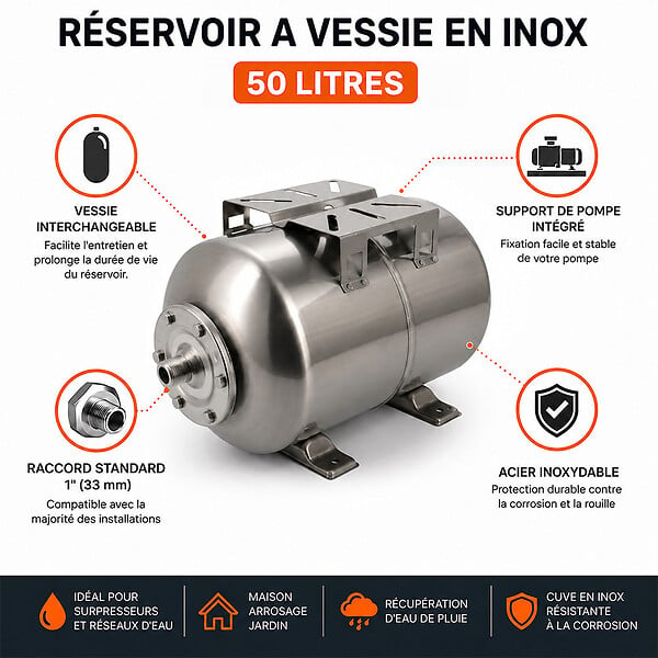 GT MARKET - Réservoir pression à vessie horizontal en inox - 50 litres - large
