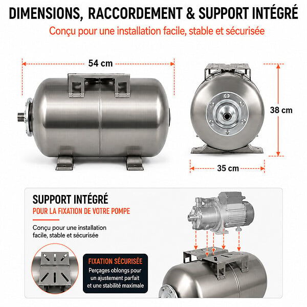 GT MARKET - Réservoir pression à vessie horizontal en inox - 50 litres - large