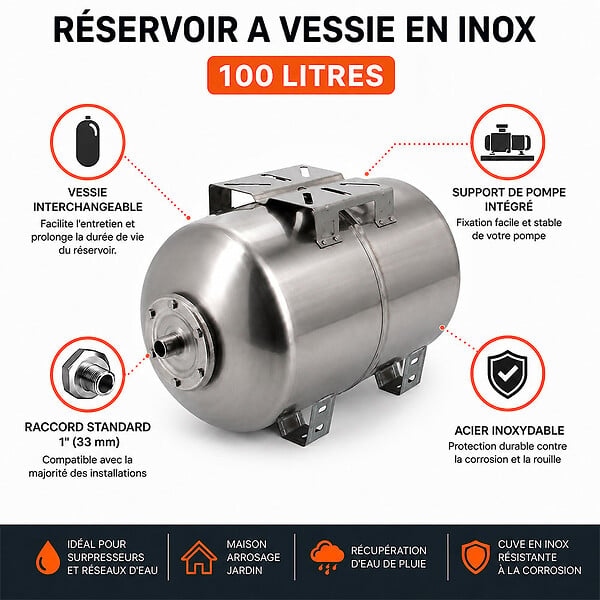 GT MARKET - Réservoir pression à vessie horizontal en inox - 100 litres - large