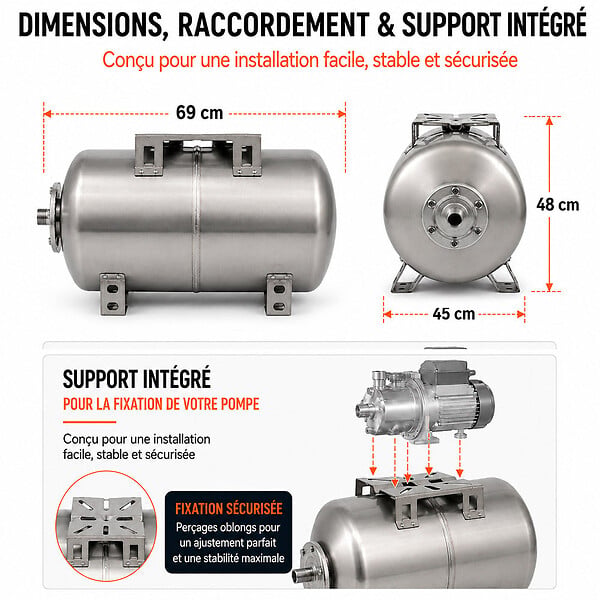GT MARKET - Réservoir pression à vessie horizontal en inox - 100 litres - large