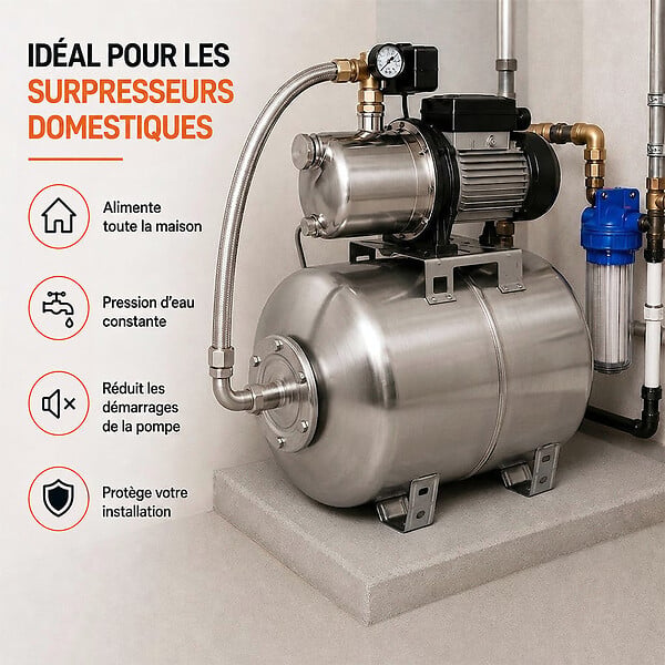 GT MARKET - Réservoir pression à vessie horizontal en inox - 100 litres - large