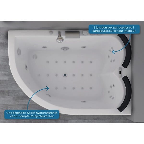 DISTRIBAIN - Baignoire Maori Balnéo asymètrique côté Gauche 32 jets - large