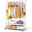 VOUNOT - Portant a Vetements double avec roulettes et 2 etageres de rangement 121x40x147cm metal Blanc - vignette