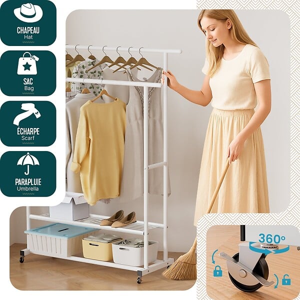 VOUNOT - Portant a Vetements double avec roulettes et 2 etageres de rangement 121x40x147cm metal Blanc - large