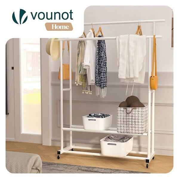 VOUNOT - Portant a Vetements double avec roulettes et 2 etageres de rangement 121x40x147cm metal Blanc - large