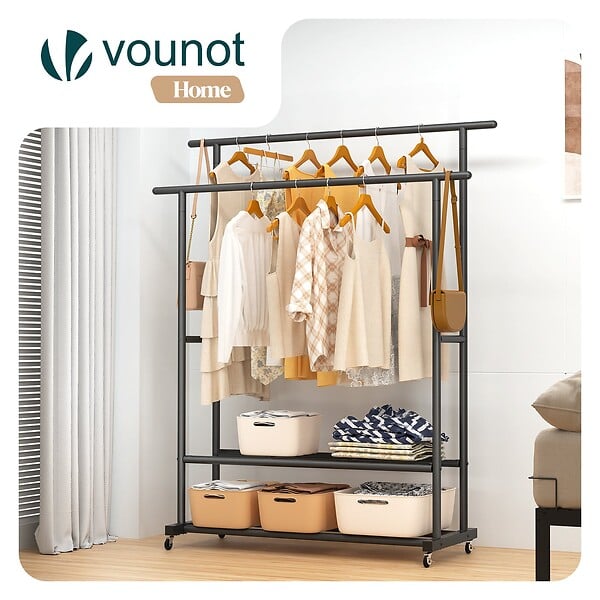 VOUNOT - Portant a Vetements double avec roulettes et 2 etageres de rangement 121x40x147cm metal Noir - large