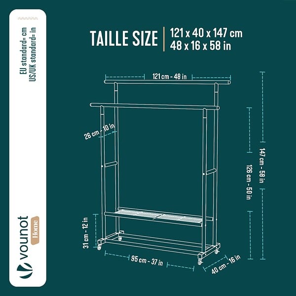 VOUNOT - Portant a Vetements double avec roulettes et 2 etageres de rangement 121x40x147cm metal Noir - large