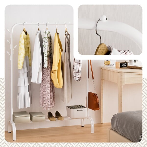 VOUNOT - Portant a Vetements avec etagere Chaussures 8 Crochets Lateraux 110x41x147cm metal Blanc - large